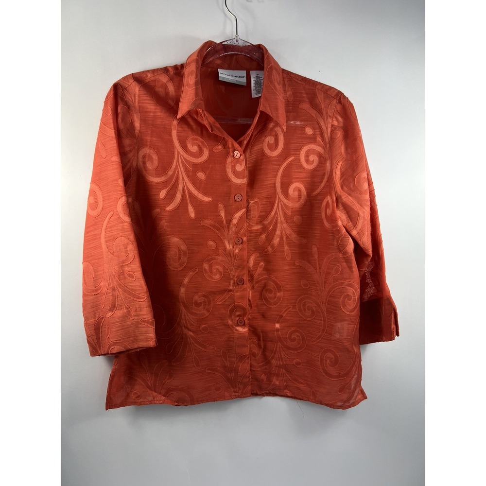 Alfred Dunner Petite Top Women's Sz 8P Orange Semi Sheer Embroidered 3/4 Sleeve